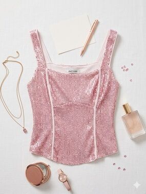 Grace Karin Pink Sequin Corset-Style Tank Top NWOT